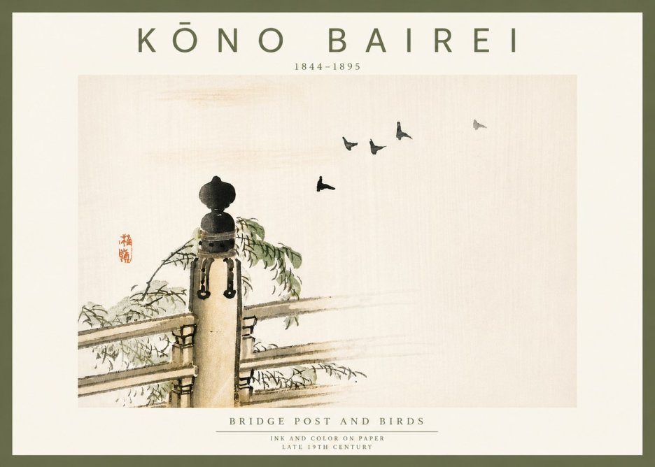 Kōno Bairei Bridge Post and Birds No6 - Poszter