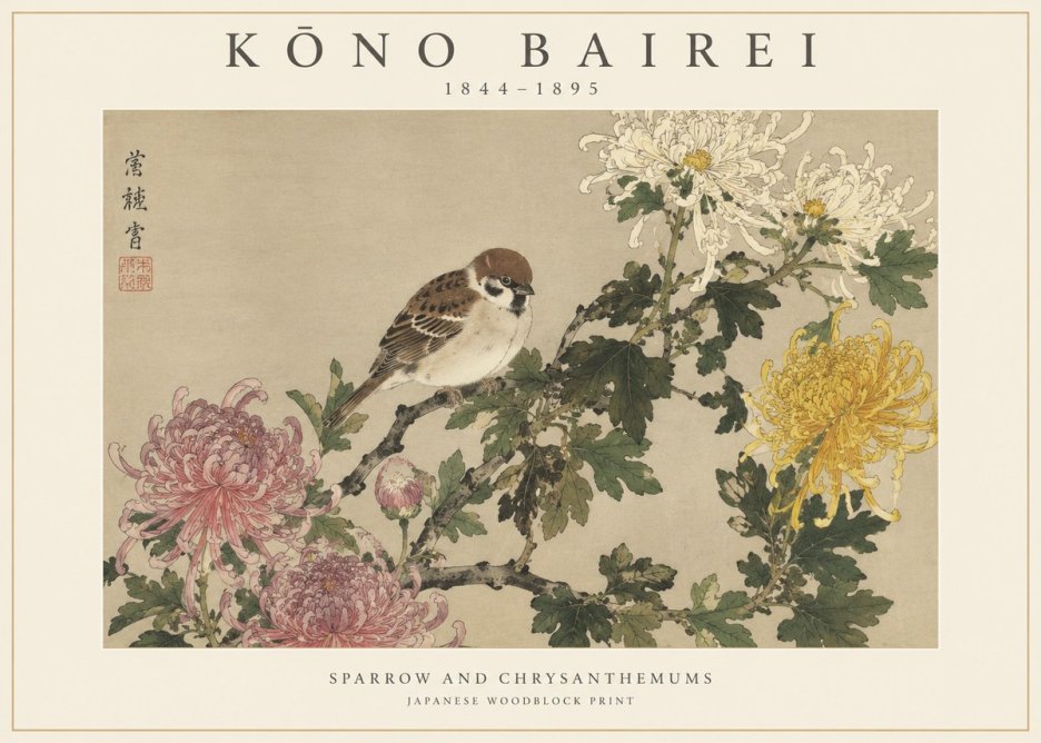 Kōno Bairei Sparrow and Chrysanthemums No1 - Poszter
