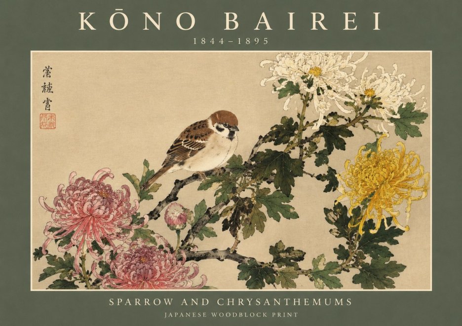 Kōno Bairei Sparrow and Chrysanthemums No2 - Poszter