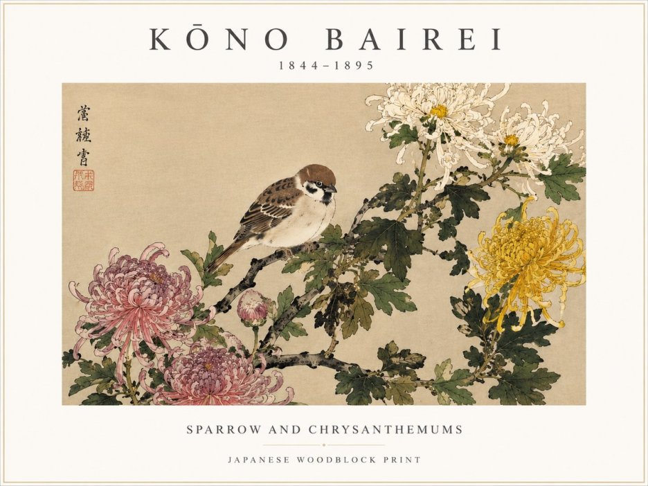 Kōno Bairei Sparrow and Chrysanthemums No3 - Poszter