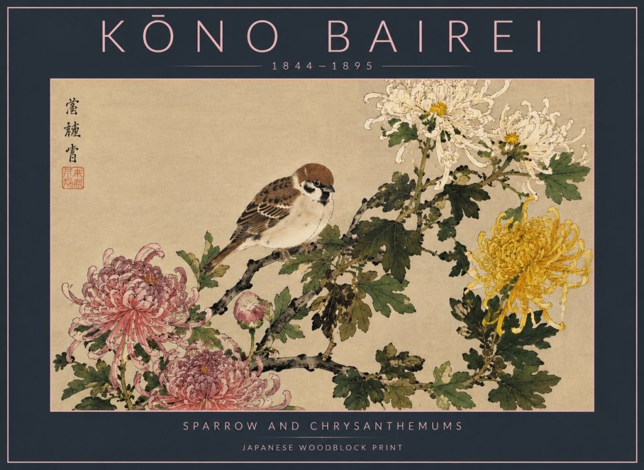 Kōno Bairei Sparrow and Chrysanthemums No4 - Poszter