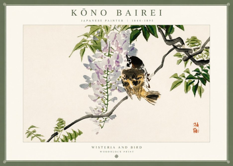 Kōno Bairei Wisteria and Bird No1 - Poszter