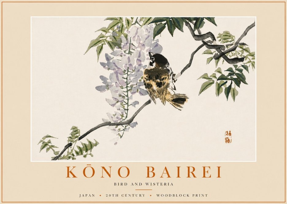 Kōno Bairei Wisteria and Bird No6 - Poszter