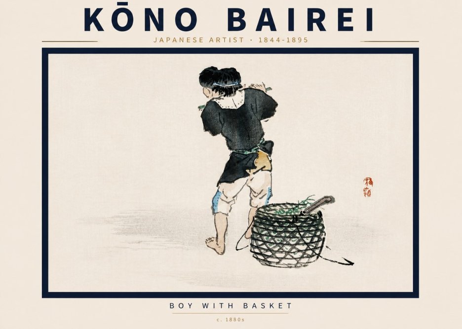 Kōno Bairei Boy with Basket No5 - Poszter