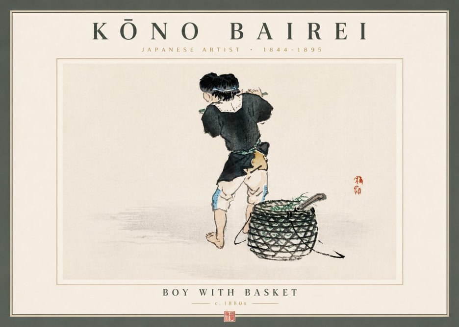 Kōno Bairei Boy with Basket No6 - Poszter