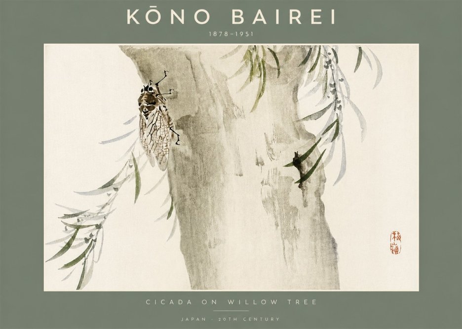 Kōno Bairei Cicada on Willow Tree No2 - Poszter
