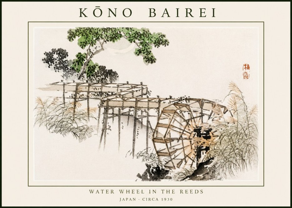 Kōno Bairei Water Wheel in the Reeds No1 - Poszter