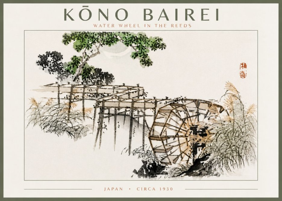 Kōno Bairei Water Wheel in the Reeds No5 - Poszter