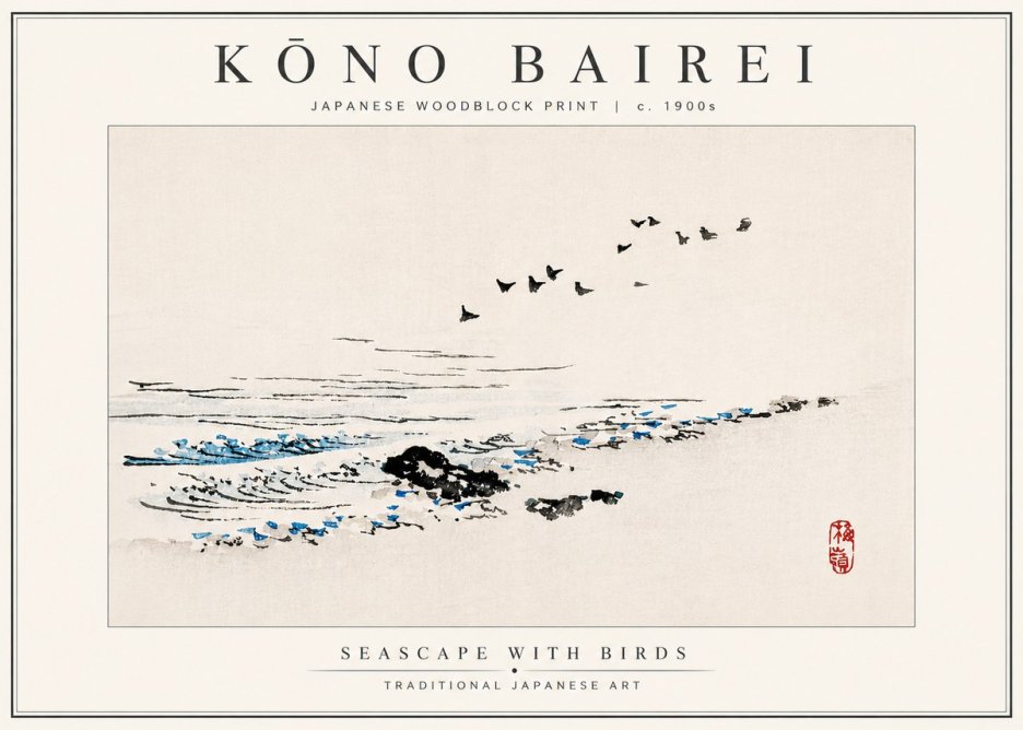 Kōno Bairei Seascape with Birds No4 - Poszter