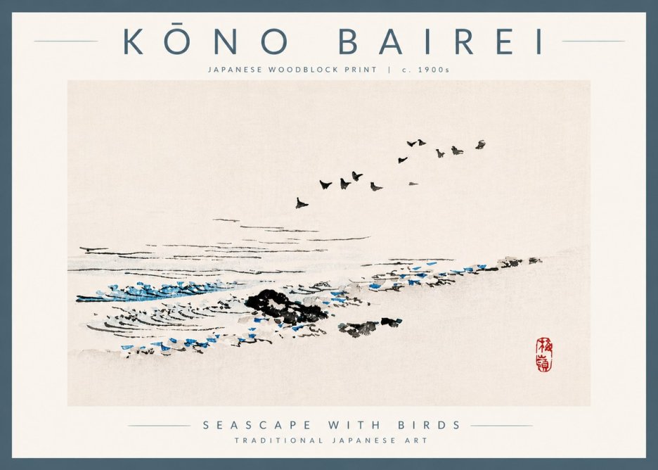 Kōno Bairei Seascape with Birds No5 - Poszter