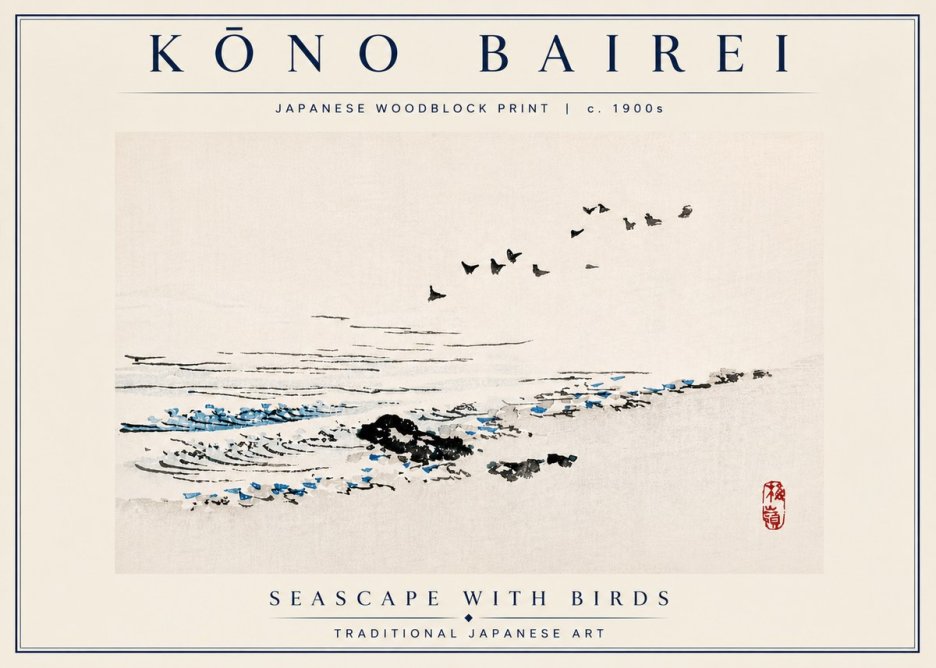 Kōno Bairei Seascape with Birds No6 - Poszter