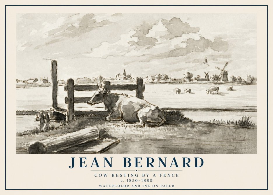 Jean Bernard Cow Resting by a Fence No2 - Poszter