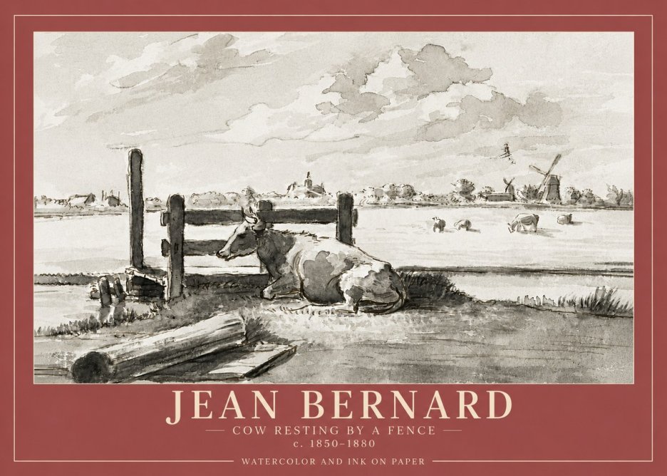 Jean Bernard Cow Resting by a Fence No4 - Poszter