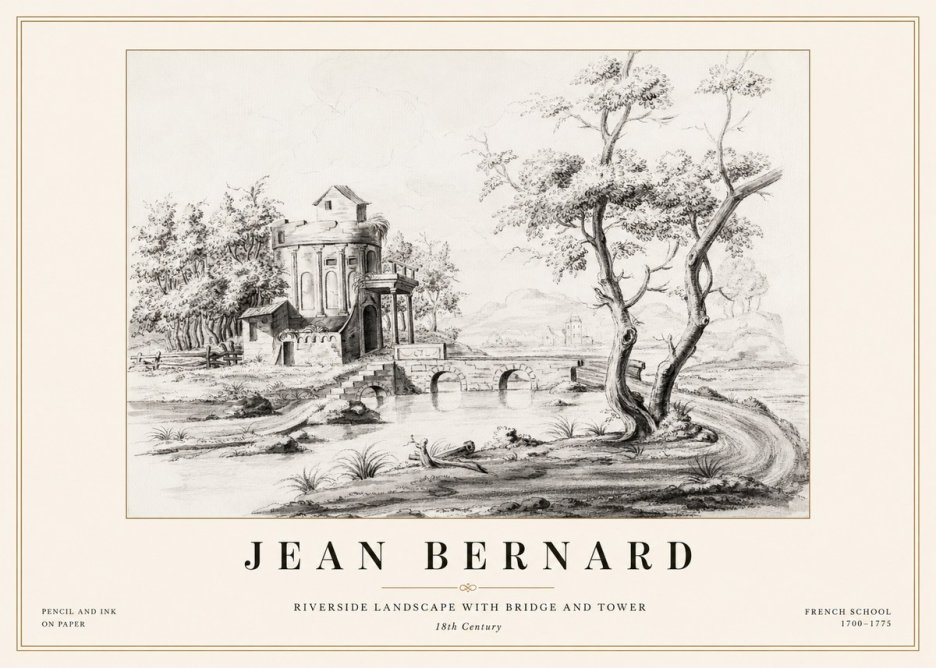 Jean Bernard Riverside Landscape with Bridge and Tower No1 - Poszter