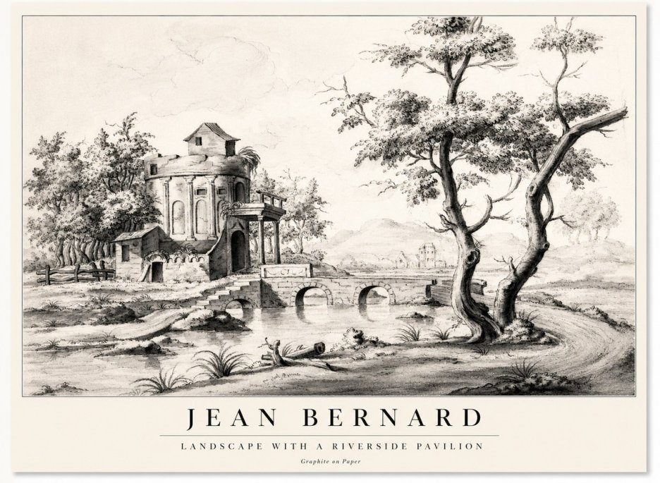 Jean Bernard Riverside Landscape with Bridge and Tower No2 - Poszter