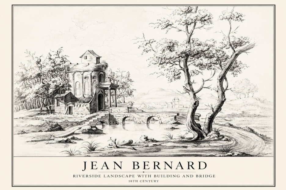 Jean Bernard Riverside Landscape with Bridge and Tower No4 - Poszter