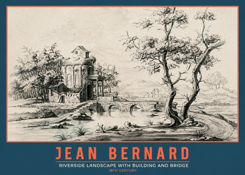 Jean Bernard Riverside Landscape with Bridge and Tower No5 - Poszter