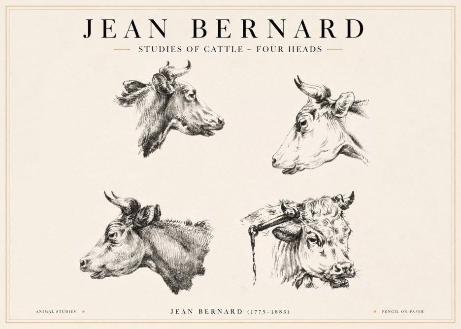 Jean Bernard Studies of Cattle - Four Heads No1 - Poszter