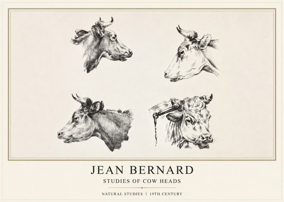 Jean Bernard Studies of Cattle - Four Heads No2 - Poszter