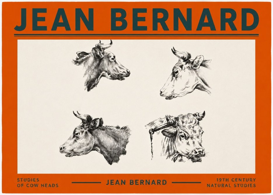 Jean Bernard Studies of Cattle - Four Heads No3 - Poszter