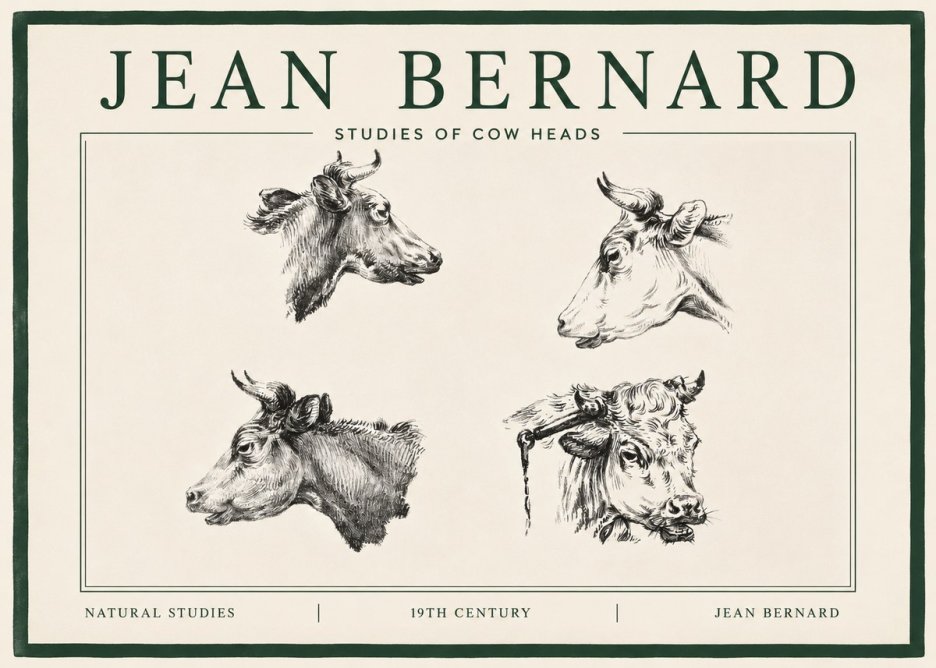Jean Bernard Studies of Cattle - Four Heads No4 - Poszter