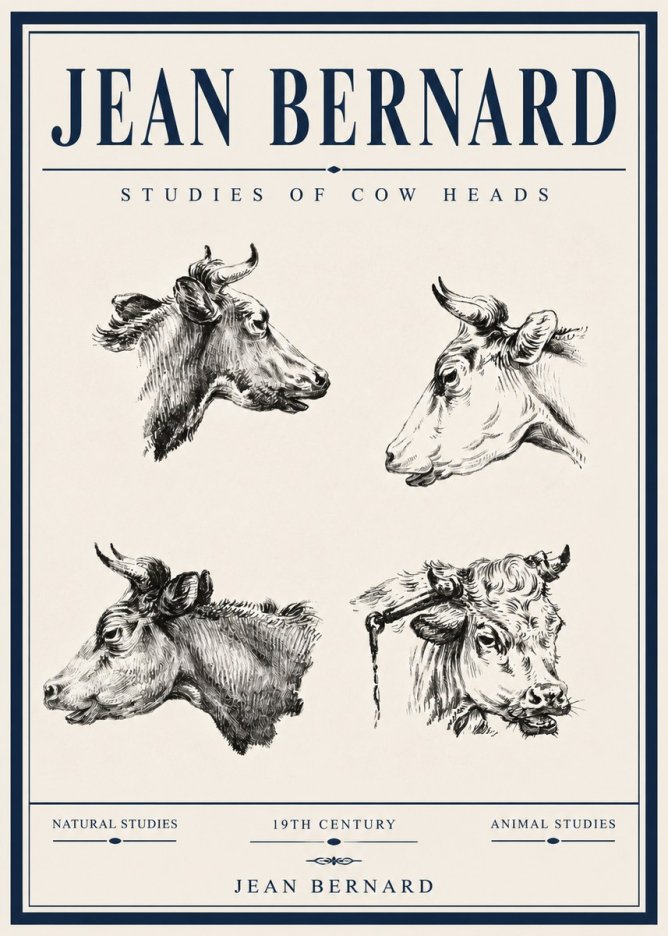 Jean Bernard Studies of Cattle - Four Heads No6 - Poszter