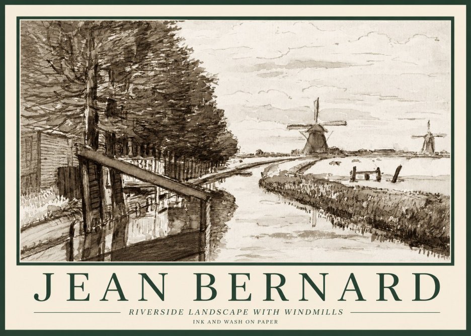 Jean Bernard Riverside Landscape with Windmills No1 - Poszter