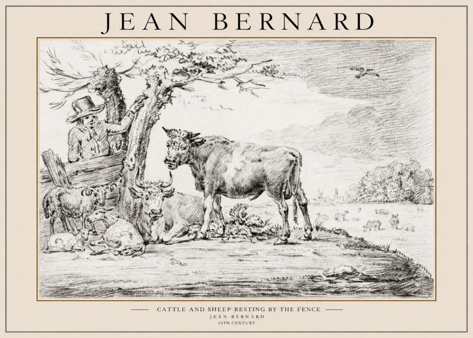 Jean Bernard Cattle and Sheep Resting by the Fence No1 - Poszter