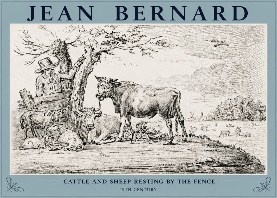 Jean Bernard Cattle and Sheep Resting by the Fence No3 - Poszter