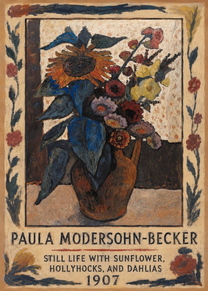 Paula Modersohn-Becker Still Life with Sunflower, Hollyhocks, and Dahlias No1 - Poszter