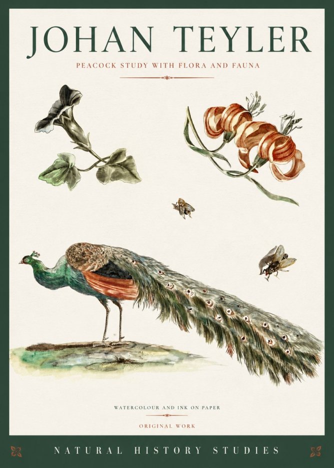 Johan Teyler Peacock Study with Flora and Fauna No3 - Poszter