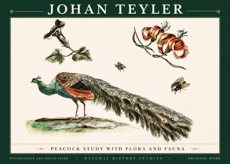Johan Teyler Peacock Study with Flora and Fauna No5 - Poszter