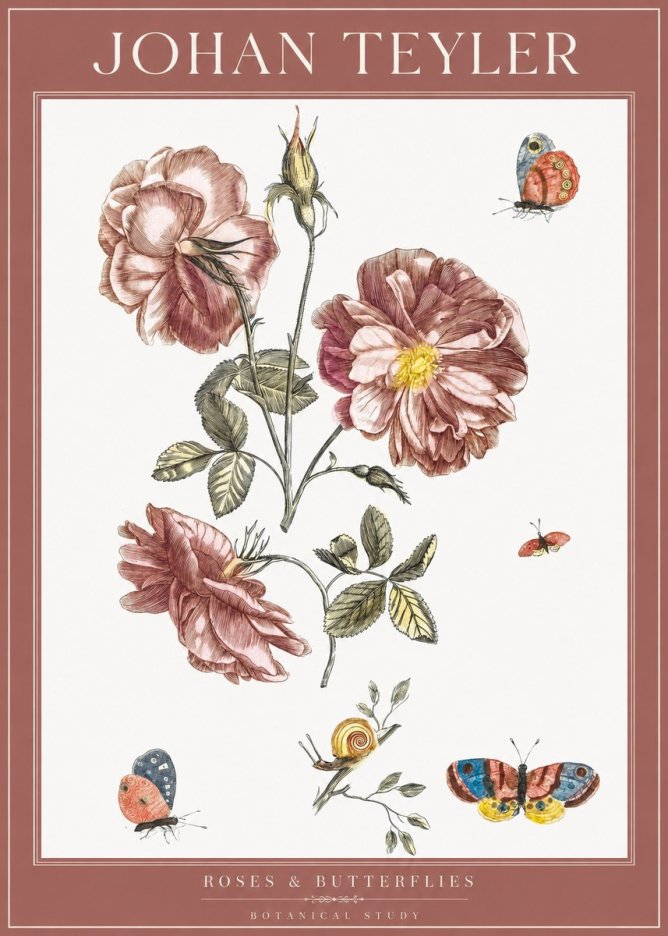 Johan Teyler Roses & Butterflies - Botanical Study No1 - Poszter