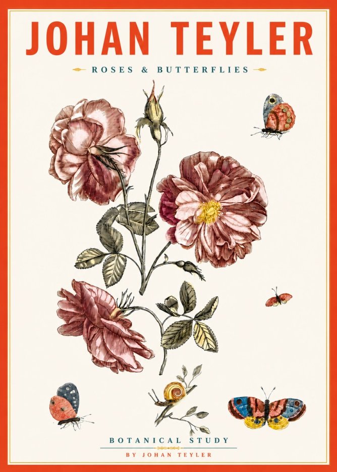 Johan Teyler Roses & Butterflies - Botanical Study No5 - Poszter