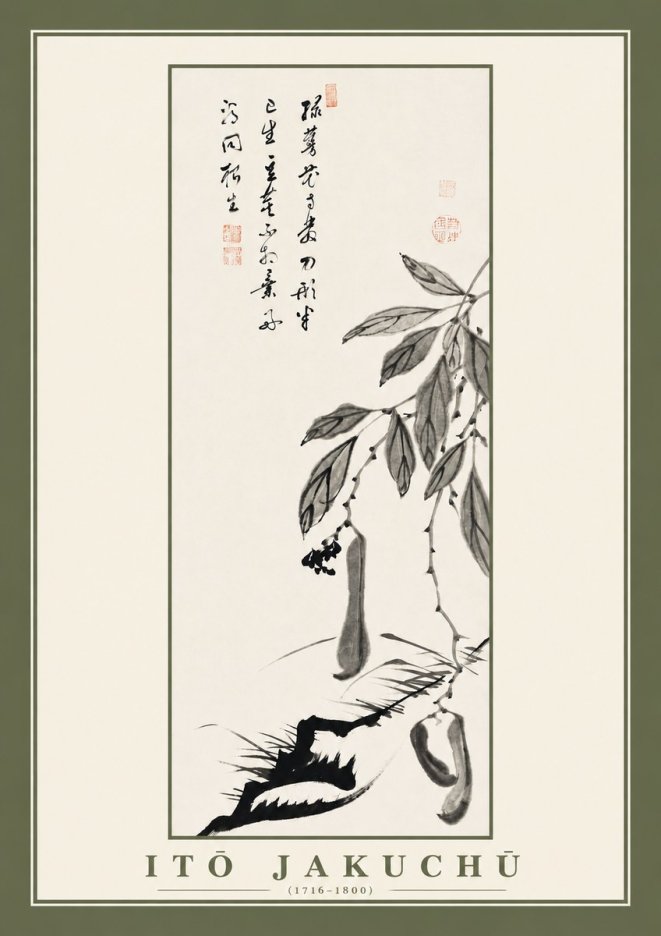 Itō Jakuchū Branch with Pods and Calligraphy No2 - Poszter