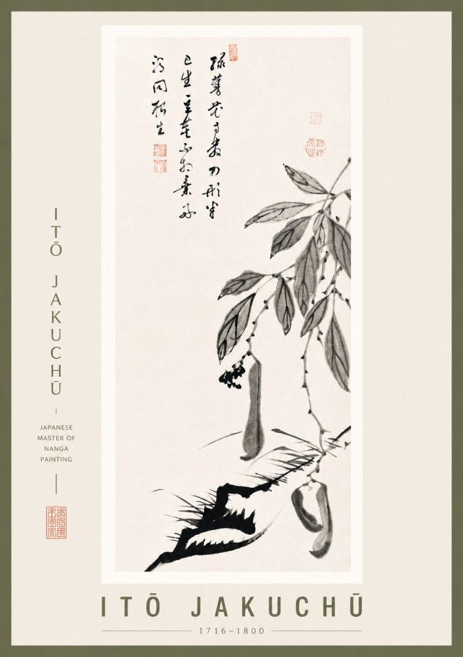 Itō Jakuchū Branch with Pods and Calligraphy No5 - Poszter