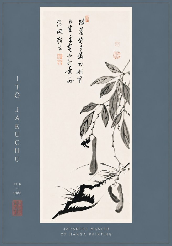 Itō Jakuchū Branch with Pods and Calligraphy No6 - Poszter