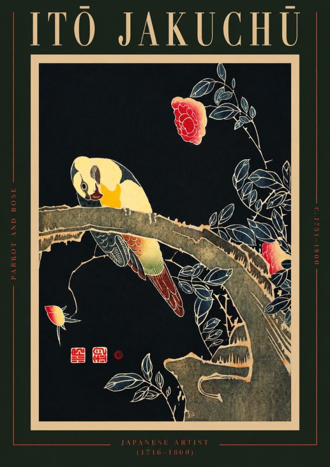Itō Jakuchū Parrot and Rose No2 - Poszter
