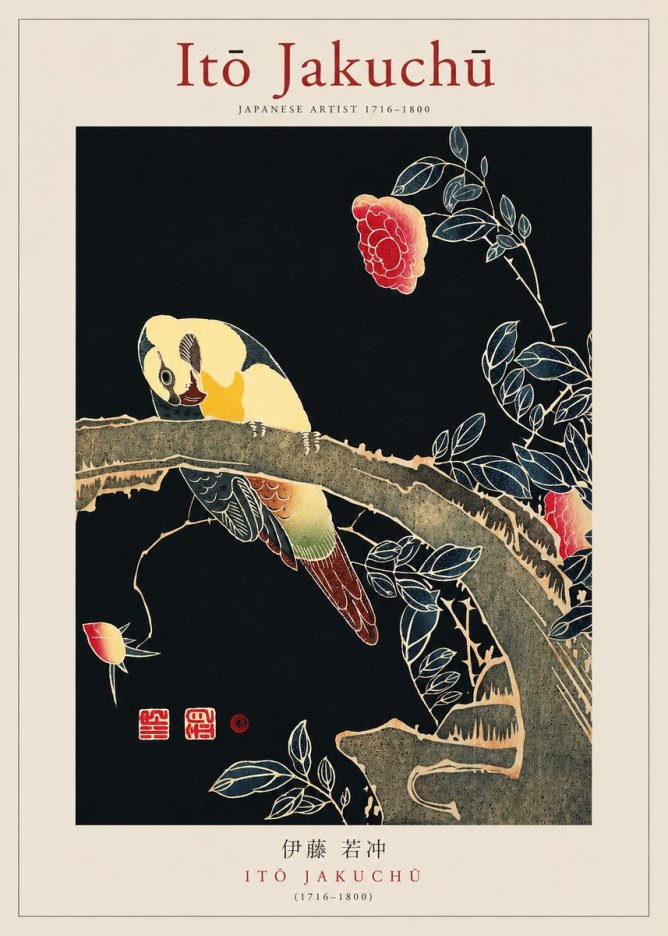 Itō Jakuchū Parrot and Rose No3 - Poszter