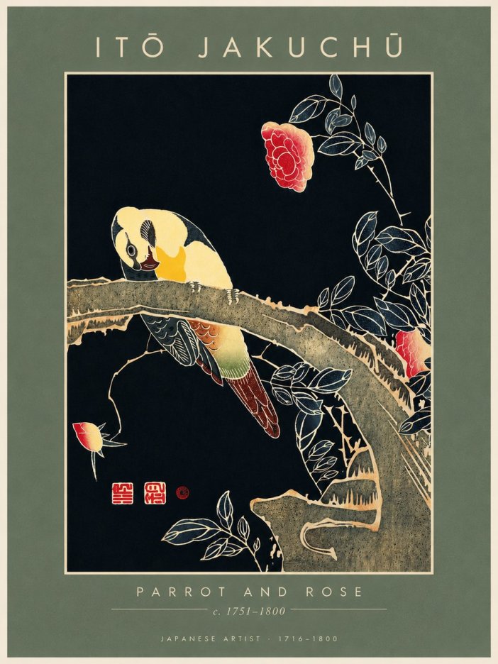 Itō Jakuchū Parrot and Rose No4 - Poszter