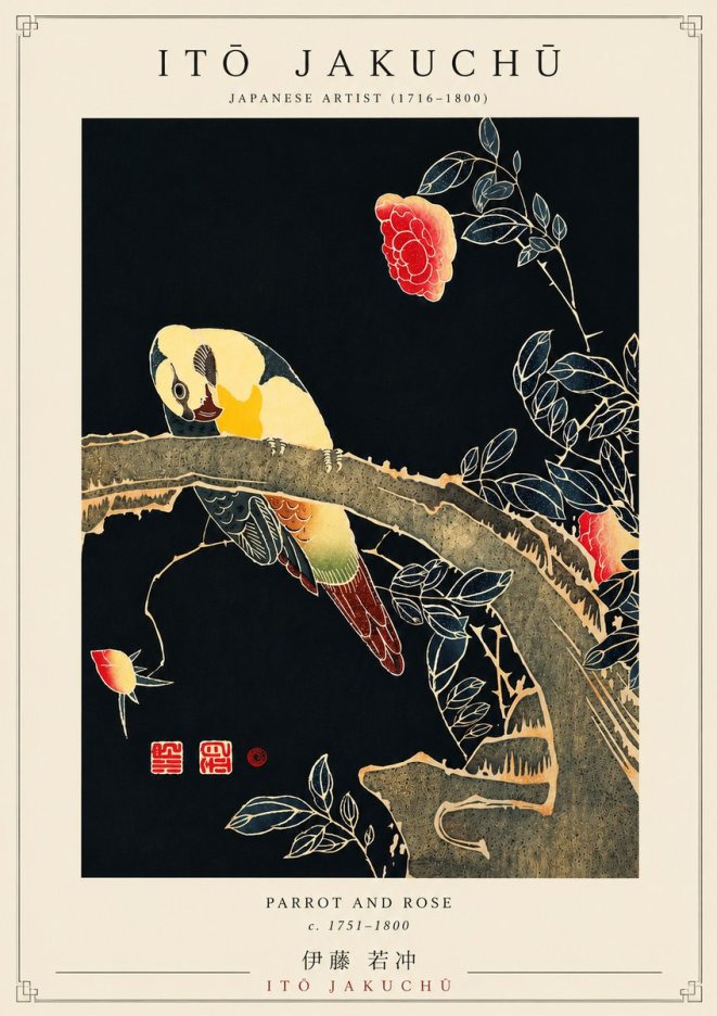 Itō Jakuchū Parrot and Rose No5 - Poszter