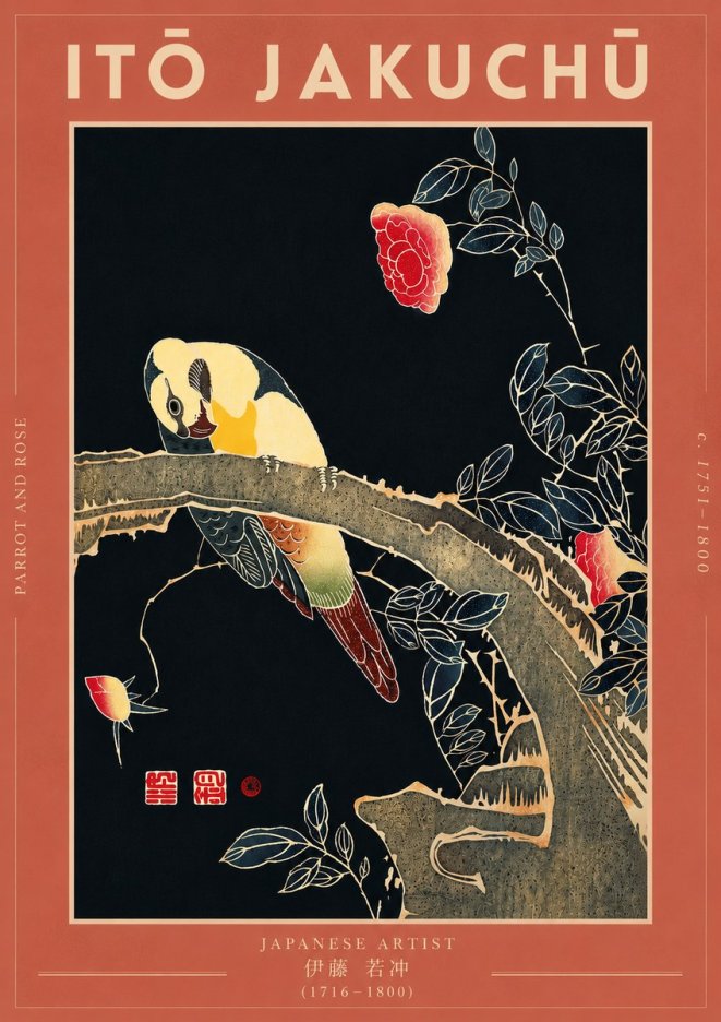Itō Jakuchū Parrot and Rose No7 - Poszter