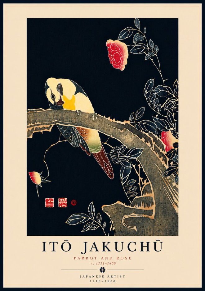 Itō Jakuchū Parrot and Rose No8 - Poszter
