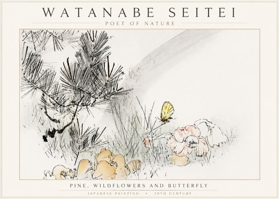 Watanabe Seitei Pine, Wildflowers and Butterfly No3 - Poszter