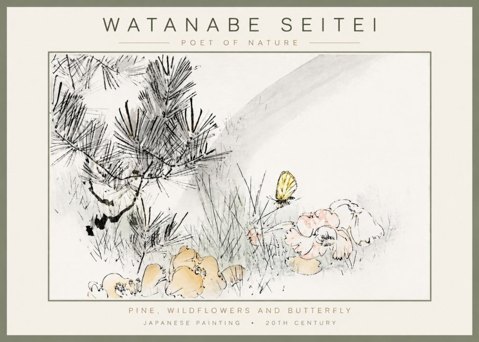 Watanabe Seitei Pine, Wildflowers and Butterfly No4 - Poszter
