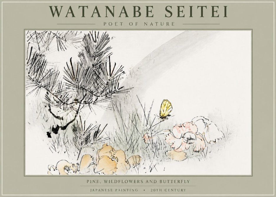 Watanabe Seitei Pine, Wildflowers and Butterfly No5 - Poszter