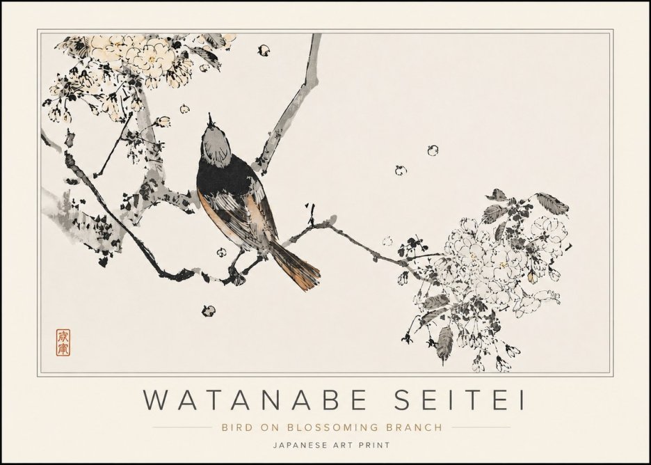 Watanabe Seitei Bird on Blossoming Branch No5 - Poszter