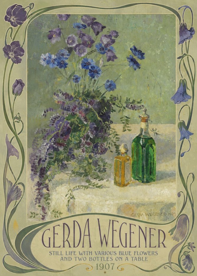 Gerda Wegener Still Life with Various Blue Flowers and Two Bottles on a Table No2 - Poszter
