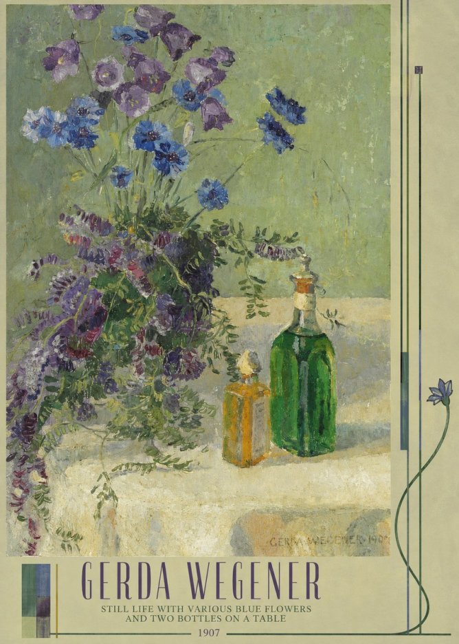 Gerda Wegener Still Life with Various Blue Flowers and Two Bottles on a Table No3 - Poszter