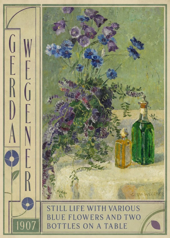 Gerda Wegener Still Life with Various Blue Flowers and Two Bottles on a Table No4 - Poszter